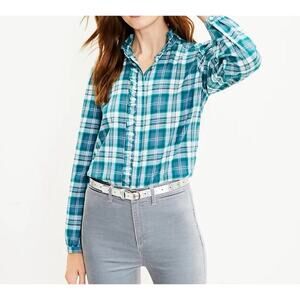 Loft Shirt Size XL‎ Womens Blue Button Front Plaid Ruffle Collar Prairie Top NEW